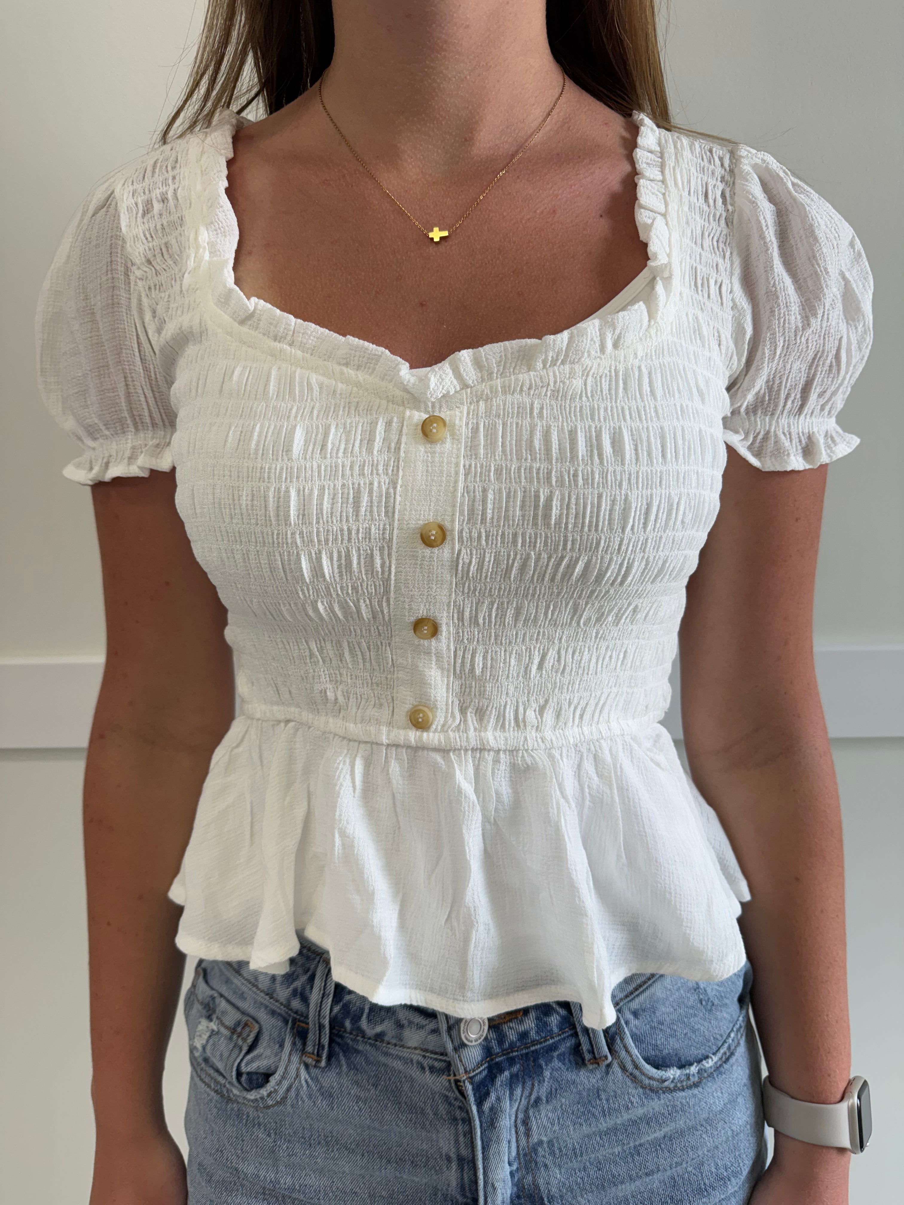 River Smocked Puff Sleeve Button Top