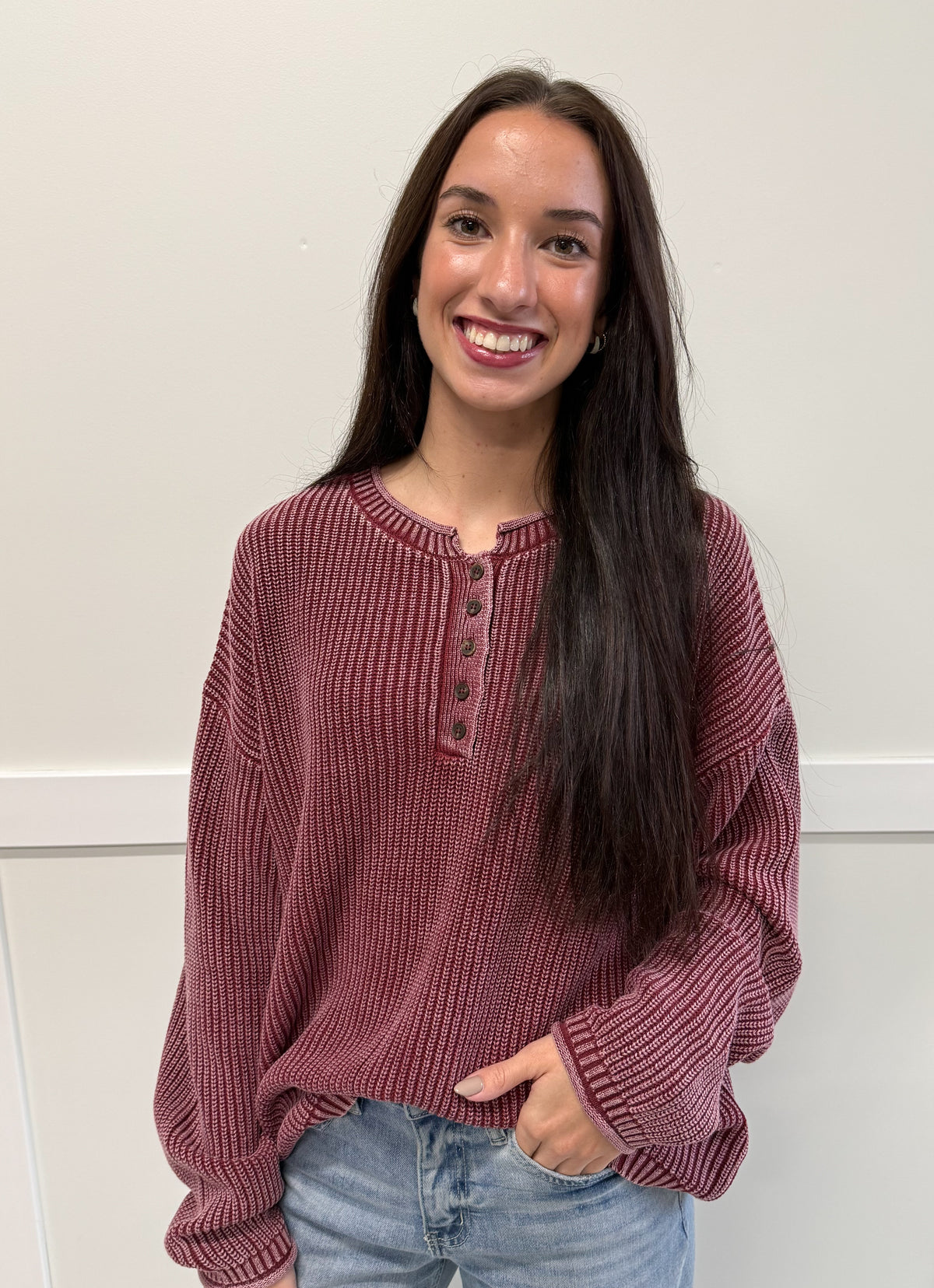 Chloe Washed Ribbed Henley Knit Sweater