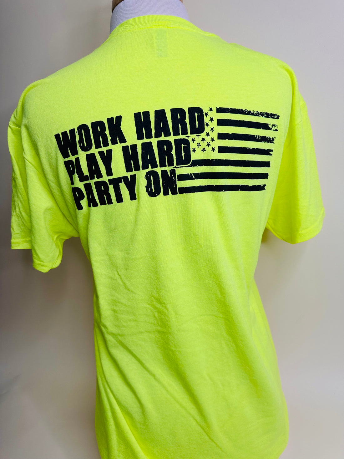 JD: Neon Yellow Work Hard Play Hard Party On Tee