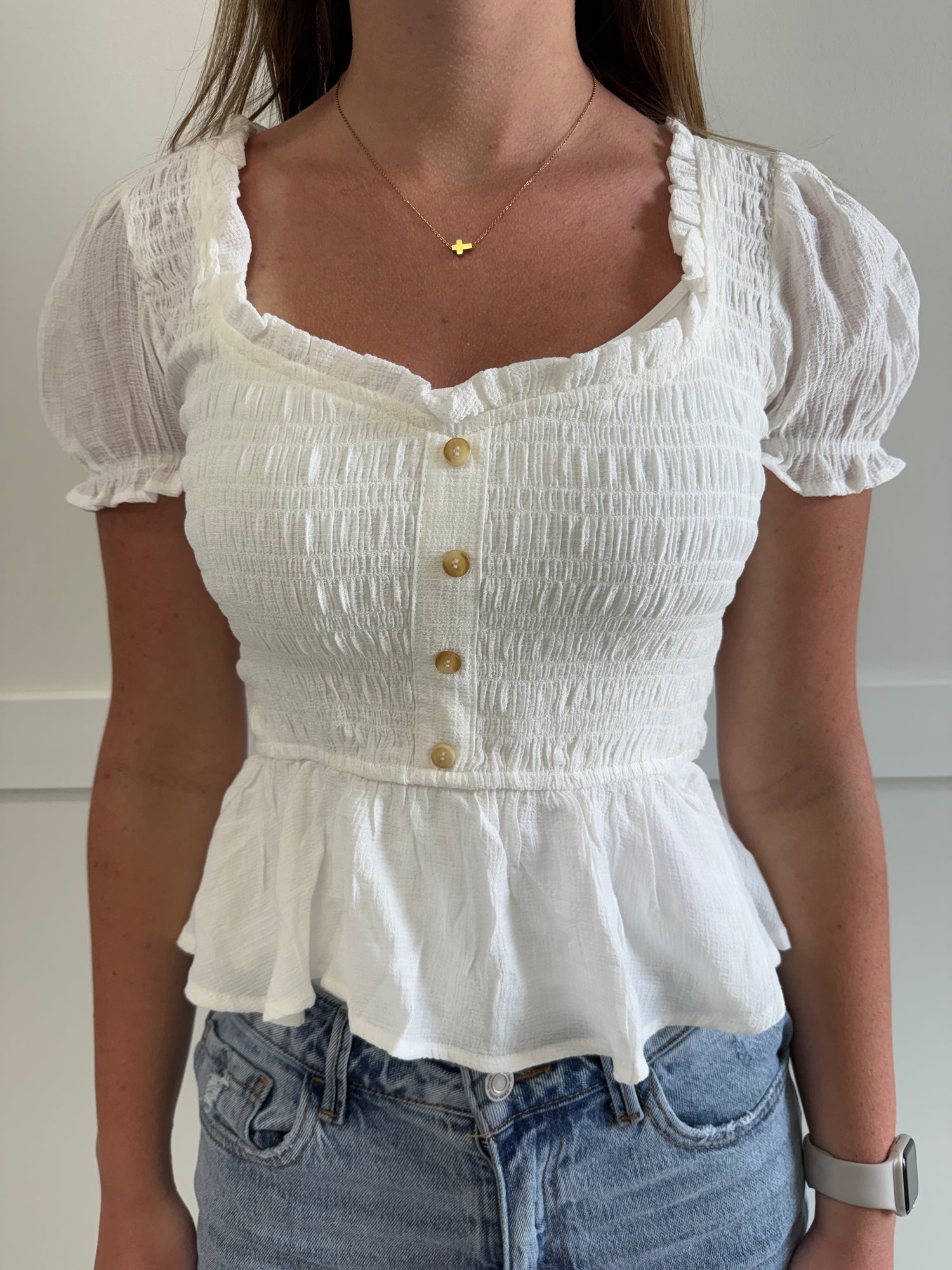 River Smocked Puff Sleeve Button Top