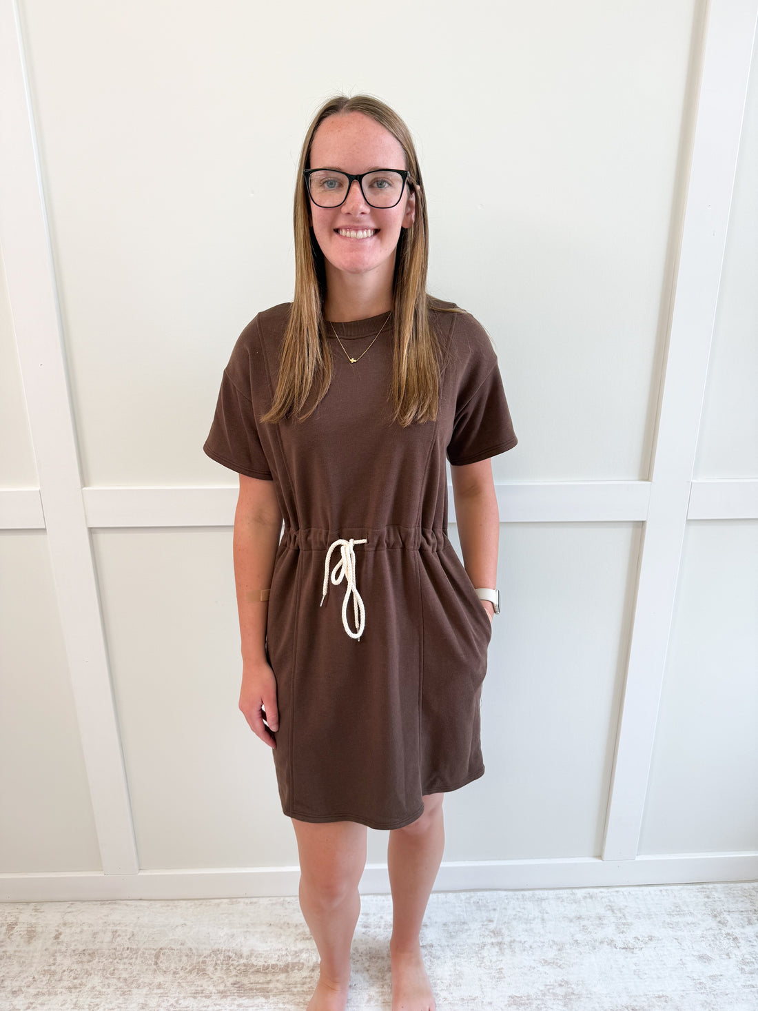 Emily Round Neck SS Waist Tie Mini Dress