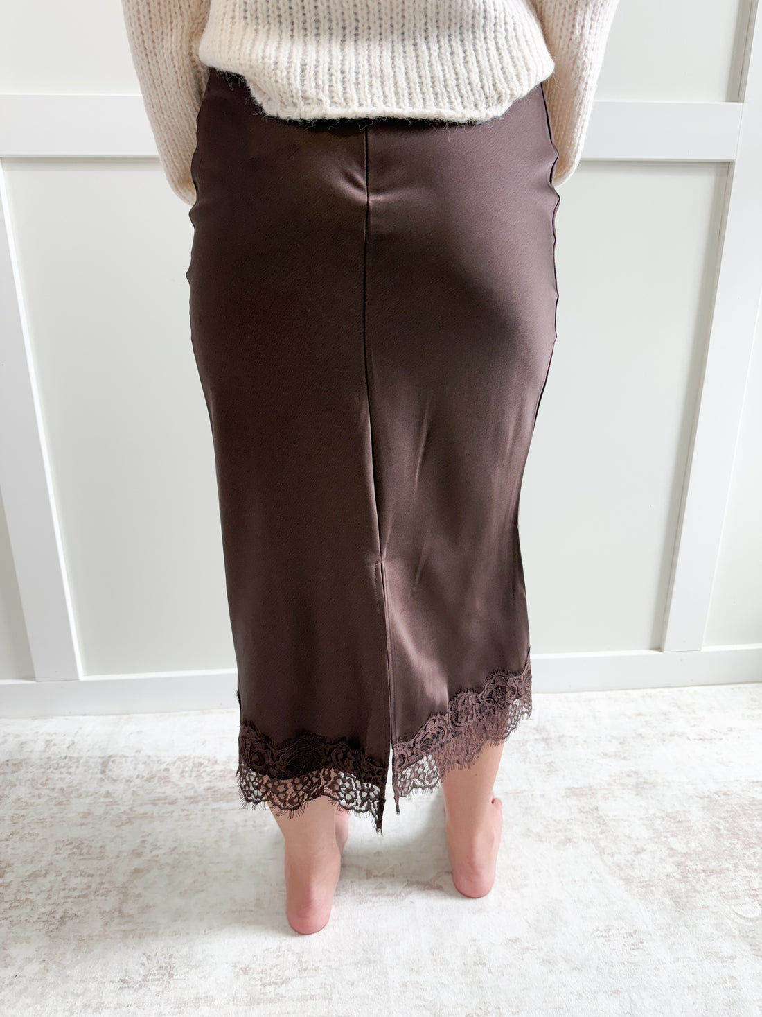 Hailey Satin Lace Hem Back Slit Pencil Midi Skirt