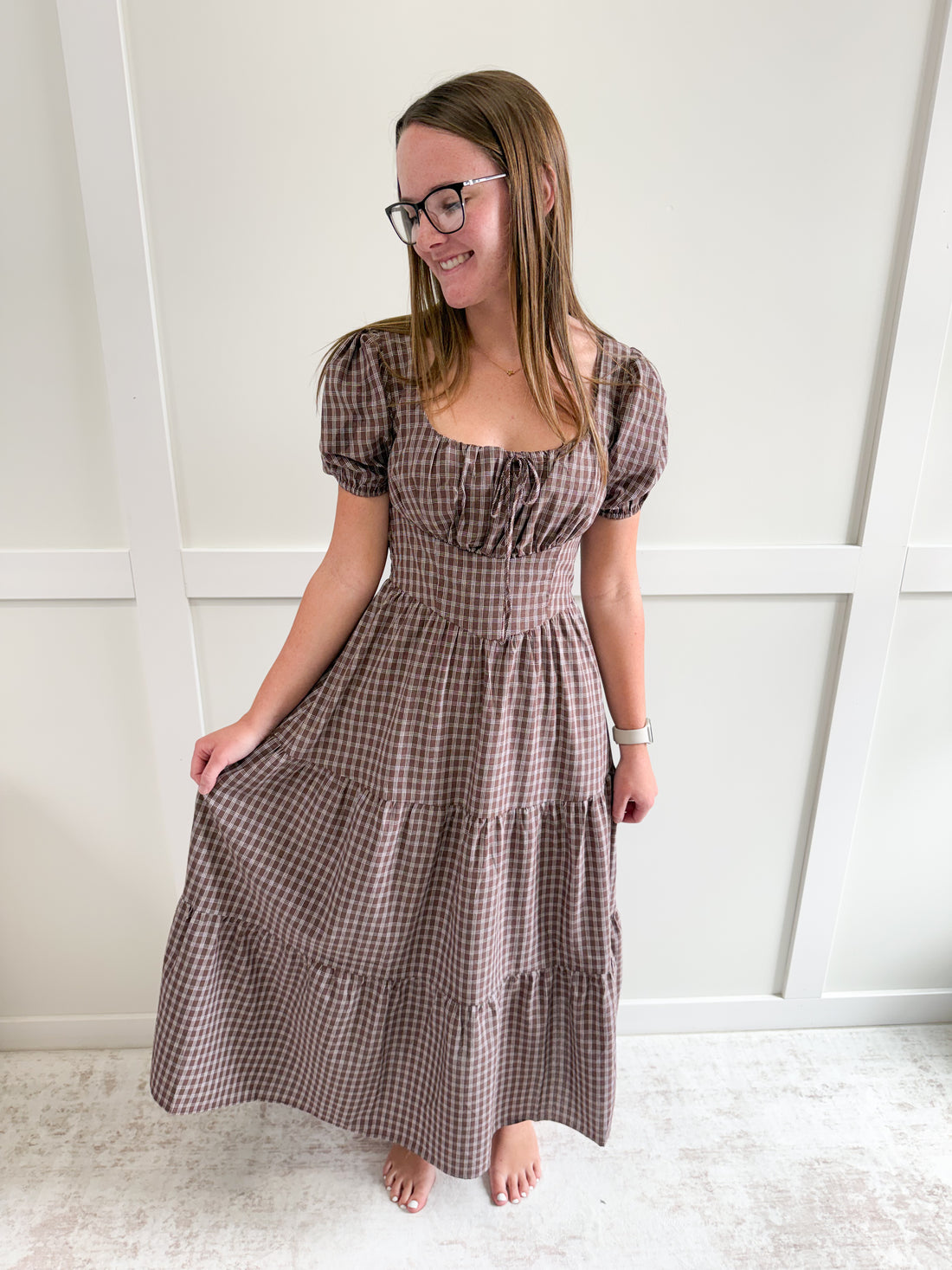 Bridget Plaid Puff Sleeve Midi Dress