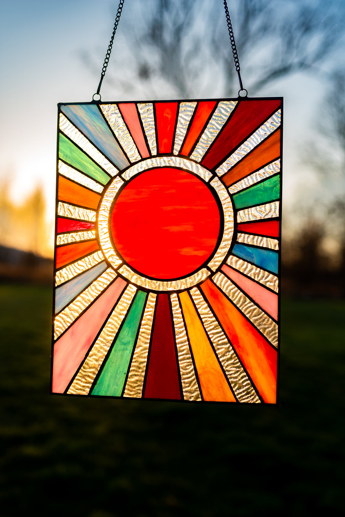 Lila Multicolor Sunburst Stained Glass Window Panel